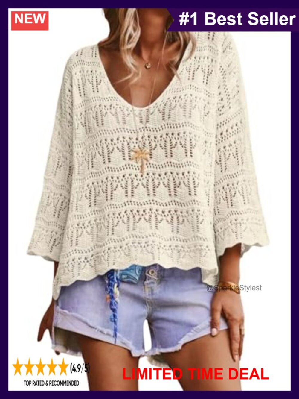 Crochet Boho Sweater 3/4 Sleeve V-Neck Pullover Lightweight Beach Coverup